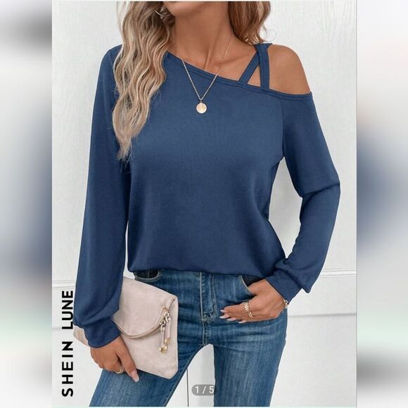 Emery Rose Blue One Cold Shoulder with straps Women's Large Summer Blouse - Picture 7 of 8